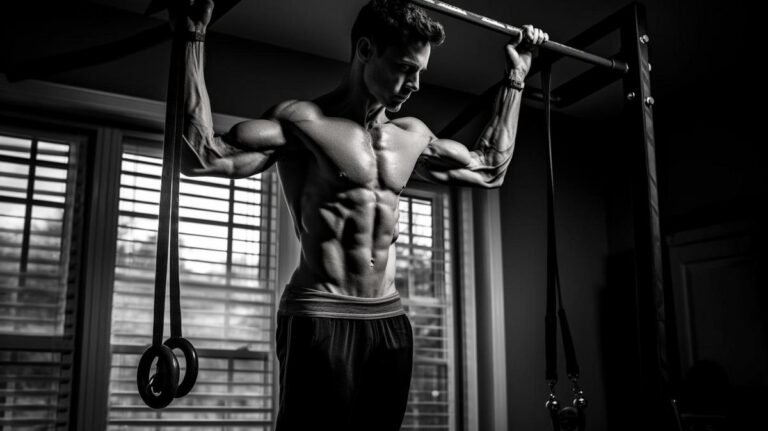 A calisthenics enthusiast in a home workout, displaying extraordinary strength and focus.