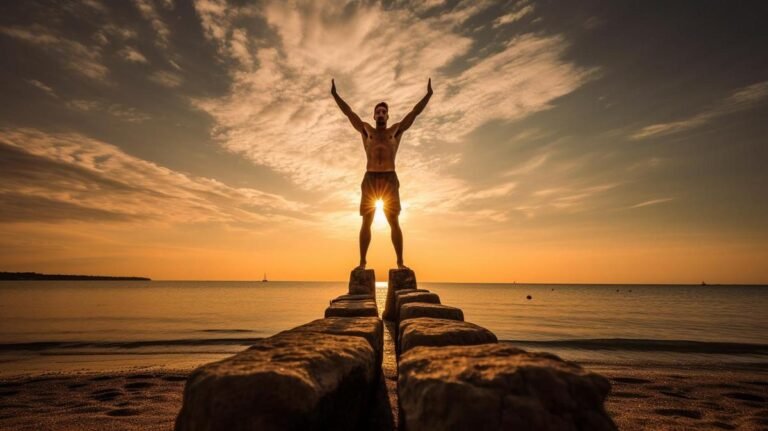 Beginner's calisthenics journey: Golden sunlight bathed handstand on idyllic beach.